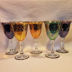5 Vintage Marshall Field Water Goblets in Vivaldi Multi Color Platinum Trim